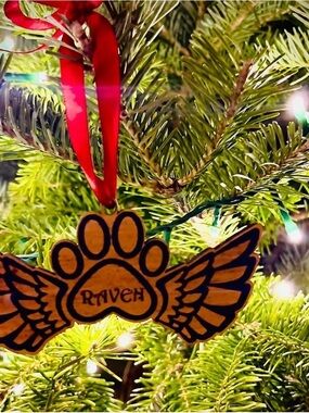 Creative Memories Paw Print Ornament with Wings - Red Ribbon lasered engraved
